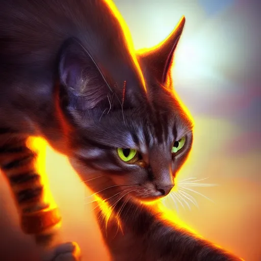 Image similar to magic cat, golden hour, fantasy, sharp focus, digital art, hyper realistic, 4 k, unreal engine, highly detailed, hd, dramatic lighting by brom, trending on artstation