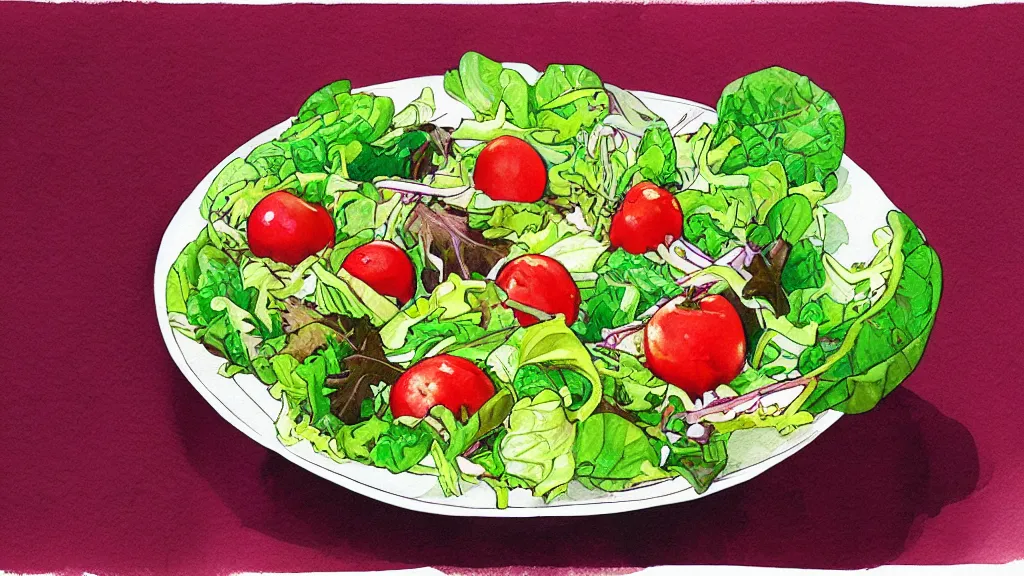 Prompt: salad, kseniia yeromenko, rob duenas, watercolor, illustration, red background, highly detailed