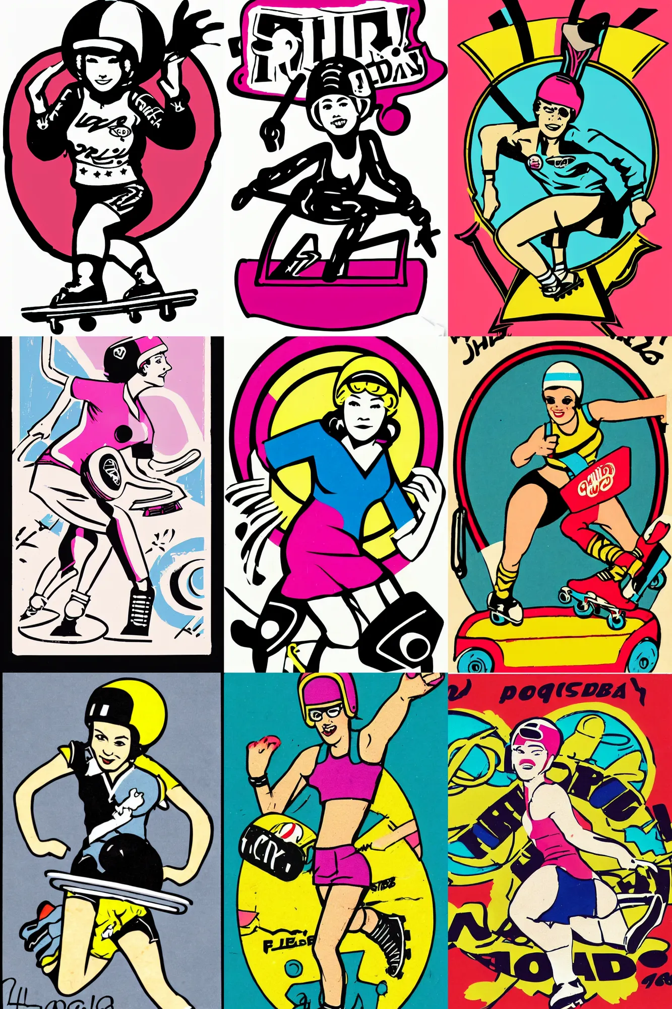 Prompt: illustrated logo, pretty roller derby girl skating, wearing roller derby helmet, 1960s, carrying a tray, flyer