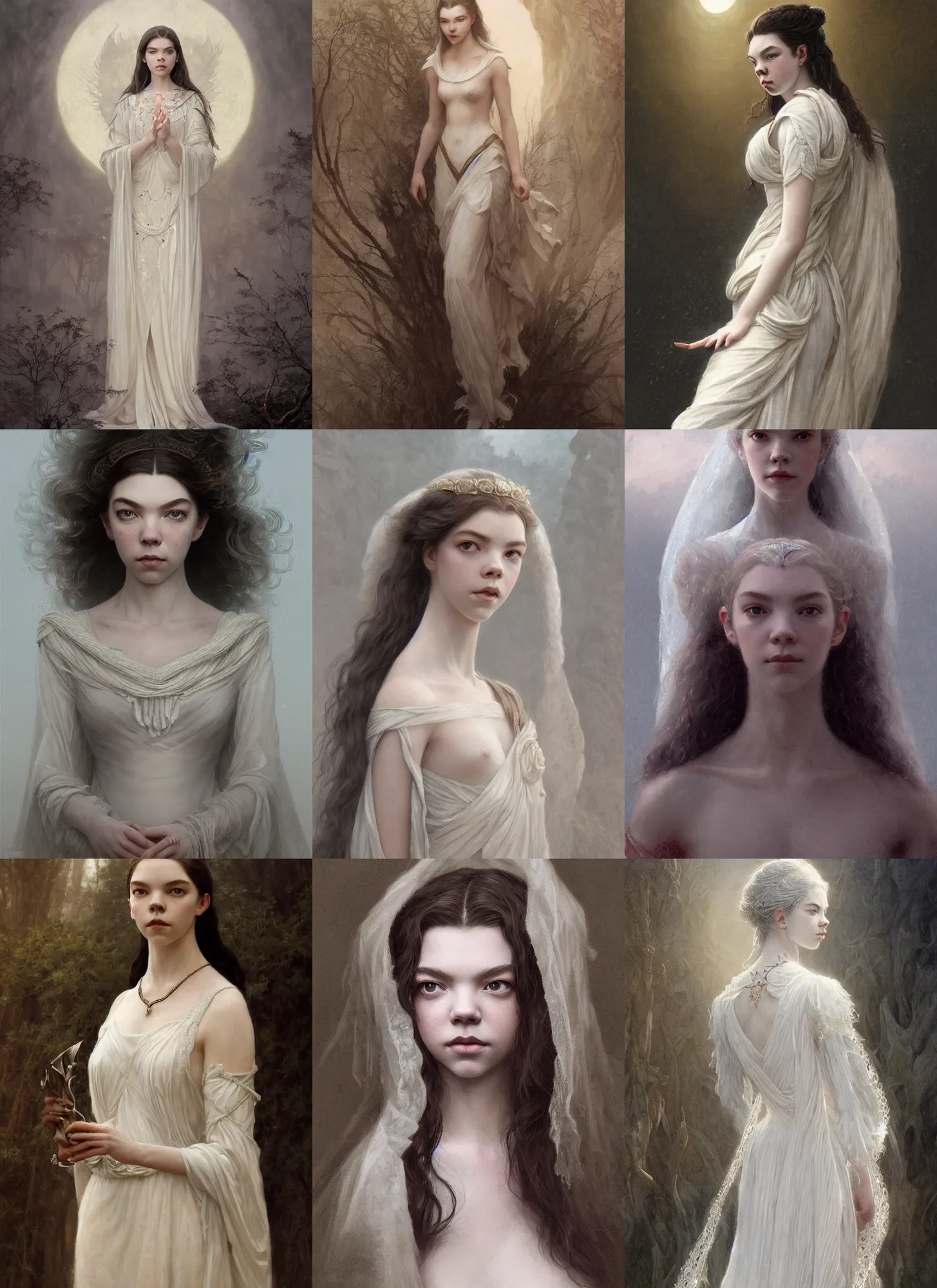 Prompt: Anya Taylor-Joy as white lady, intricate, elegant, highly detailed, digital painting, artstation, concept art, smooth, sharp focus, illustration, art by greg rutkowski and bouguereau and aleksi briclot