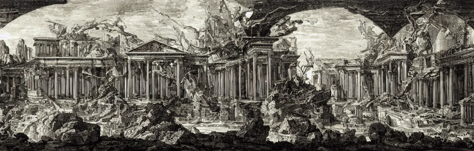 Image similar to a imaginative and theatrical architectural landscape, etching by giovanni battista piranesi