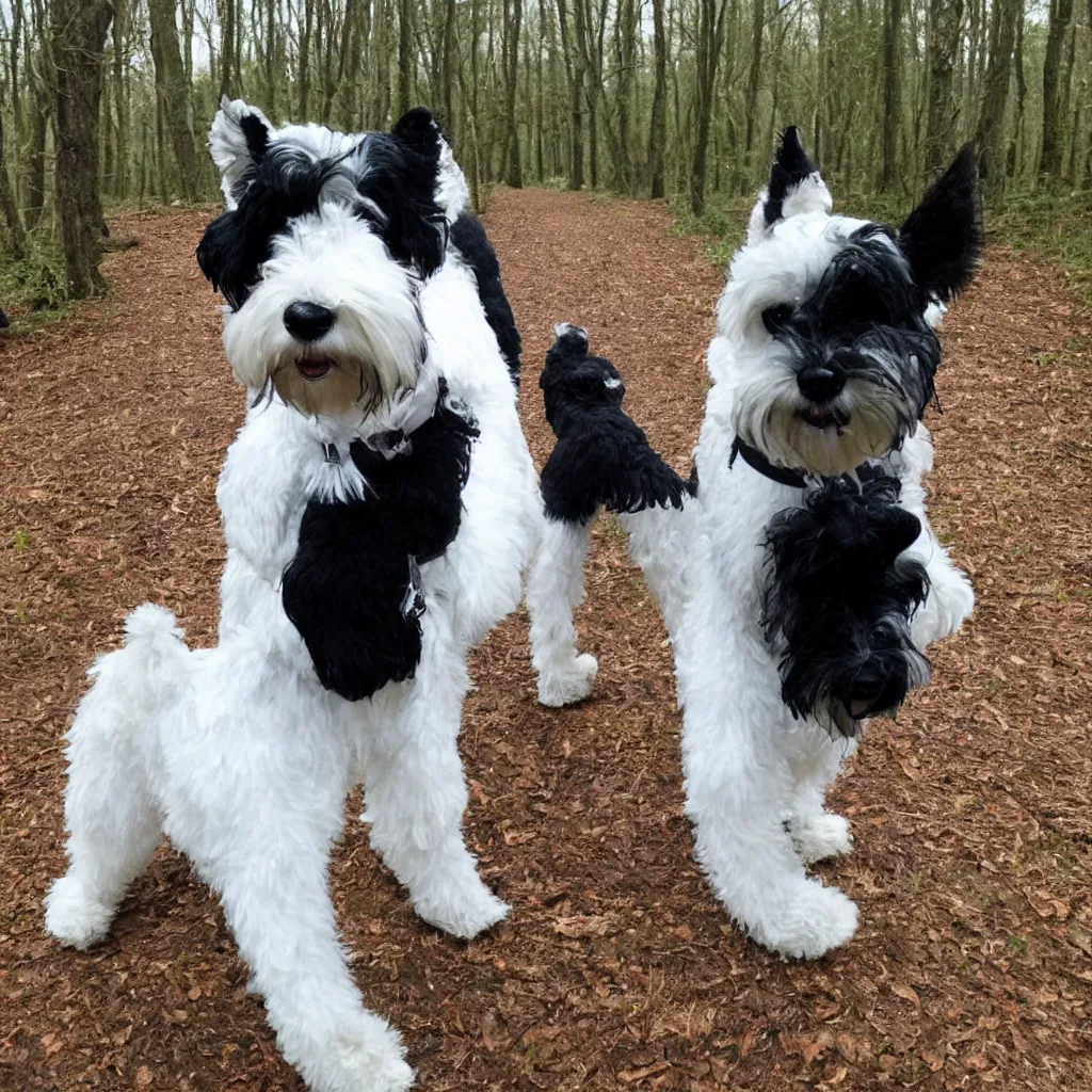 Image similar to of a white teddy walks in the woods with a black schnauzer,