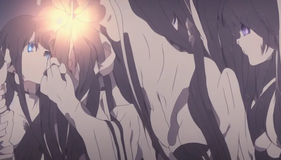 Image similar to Danmachi Hestia holding hands with Bell Cranel at dawn • cinematic anime screenshot by the Studio JC STAFF