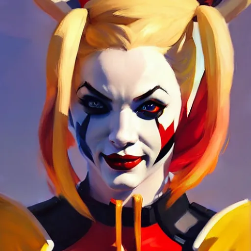 Image similar to Greg Manchess portrait painting of Harley Quinn as Overwatch character, medium shot, asymmetrical, profile picture, Organic Painting, sunny day, Matte Painting, bold shapes, hard edges, street art, trending on artstation, by Huang Guangjian and Gil Elvgren and Sachin Teng