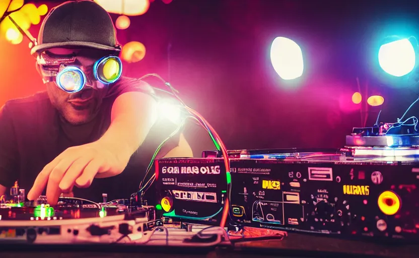 Image similar to a person wearing goggles and visor and headphones using a futuristic record player contraption, wires and tubes, turntablism dj scratching, intricate planetary gears, cinematic, imax, sharp focus, leds, bokeh, iridescent, black light, fog machine, hazy, lasers, hyper color digital art