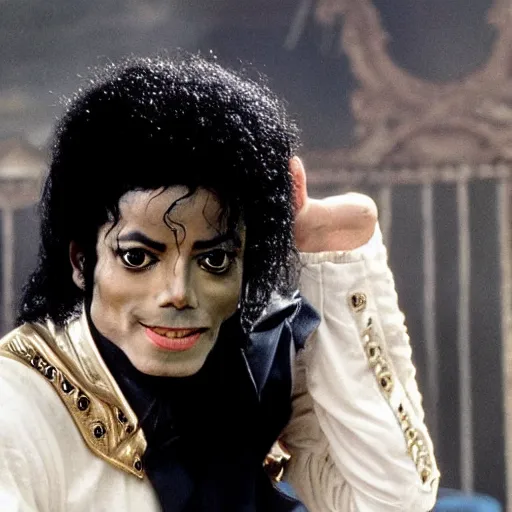 Prompt: michael jackson with a huge chin playing the villain, set in a period drama