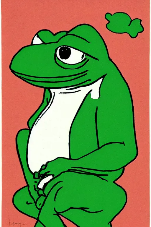 Image similar to pepe the frog on his way to school, painted by norman rockwell