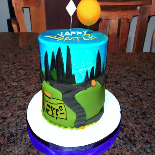 Prompt: an Outer Wilds themed birthday cake