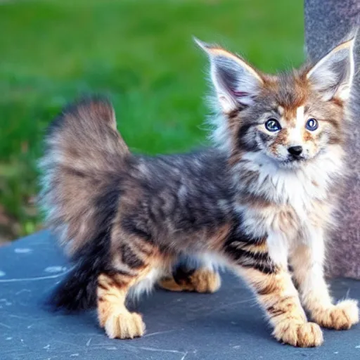 Prompt: a very cute maine coon coyote wolf kitten hybrid with long fluffy tail