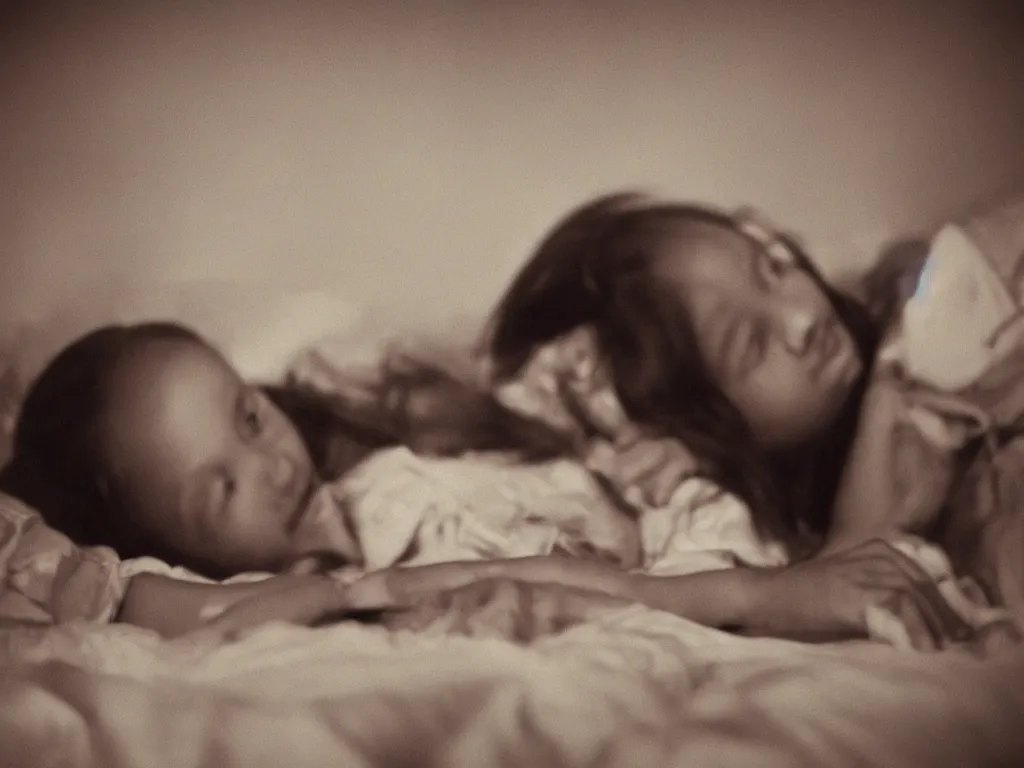 Image similar to medium shot side view portrait of an 11 year old girl lying in bed in a dimly lit children's bedroom. A black-skinned DEMON hovers directly over the girl and points at her heart. Cinematic focus, Polaroid photo, vintage, neutral colors, soft lights, foggy, by Steve Hanks, by Serov Valentin, by lisa yuskavage, by Andrei Tarkovsky 8k render, detailed, oil on canvas