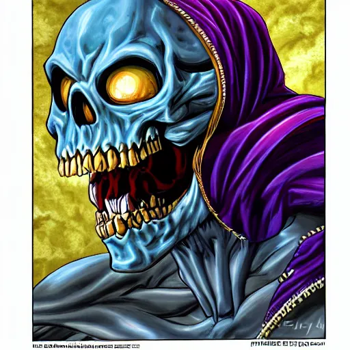 Image similar to portrait painting of skeletor, art by eiichiro oda, 4 k, one piece artstyle, cel shaded, highly detailed, epic lighting