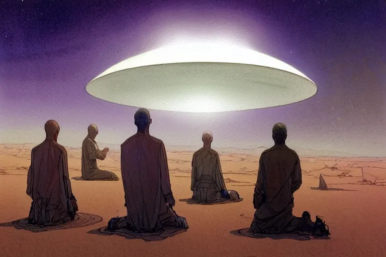 Image similar to a hyperrealist watercolour character concept art portrait of a group of middle eastern men kneeling down in prayer in front of an elegant alien with 1 2 eyes on a misty night in the desert. a ufo is in the background. by rebecca guay, michael kaluta, charles vess and jean moebius giraud