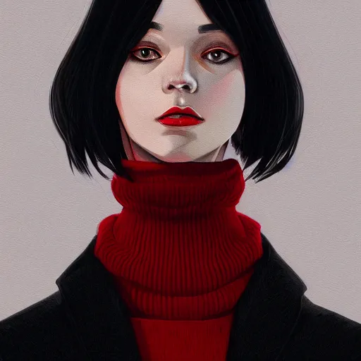 Image similar to girl in dark red turtleneck, black coat, elegant, 2d, ultra highly detailed, digital painting, smooth, sharp focus, artstation, portrait art by Ilya Kuvshinov