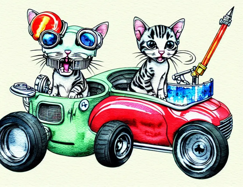Image similar to cute and funny, kitten wearing a helmet riding in a tiny hot rod with oversized engine, ratfink style by ed roth, centered award winning watercolor pen illustration, isometric illustration by chihiro iwasaki, edited by range murata, tiny details by artgerm and watercolor girl, symmetrically isometrically centered