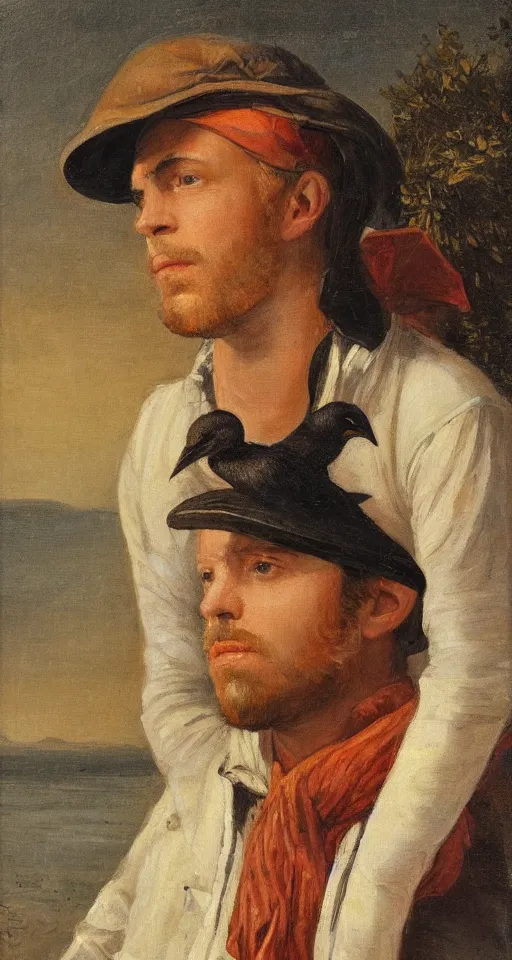 Prompt: romantic portrait painting of a fisherman with a cormorant on his shoulders, in romantic style, sfumato