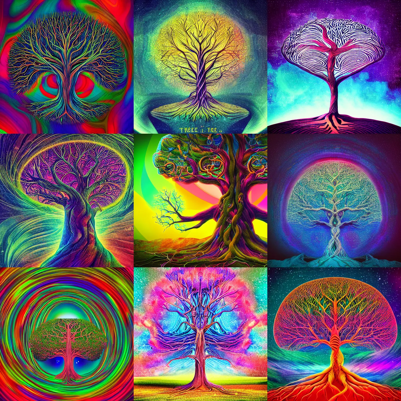Prompt: a photography of an old twisted the tree of life, cosmic, transcendant, vibrant color, clean linework, finely detailed, rendered in octane, photography
