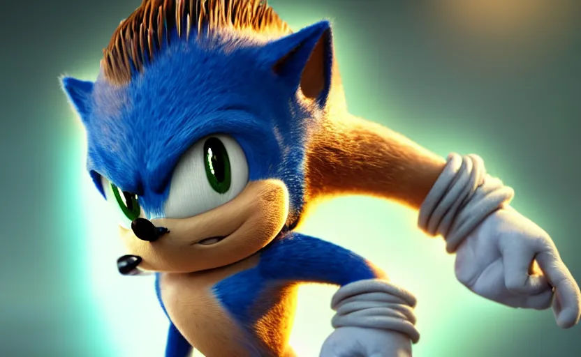 Image similar to a stunning cinematic closeup of sonic, movie scene, high details, Raytracing, octane render, vivid colors, 32k, denoise, 3d shaders, ambient occlusion, 3d reflections, sub surface scatter, renderman, visual effects, lens flare, halation, chromatic aberration, high sample render, deep colors, dramatic lighting