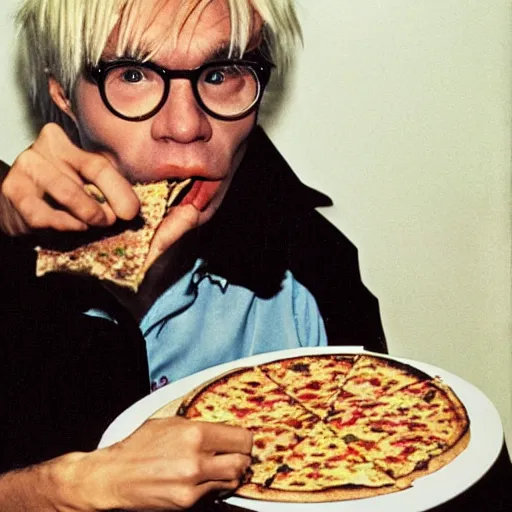 Image similar to a photo of andy warhol eating a delicious slice of pizza