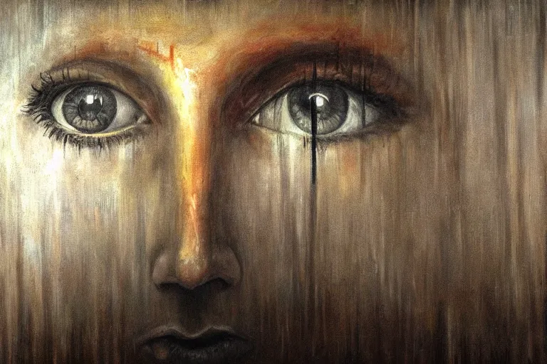 Image similar to standing at the eye of a giant being, silent hill, psychological horror, oil painting, atmospheric, eyes