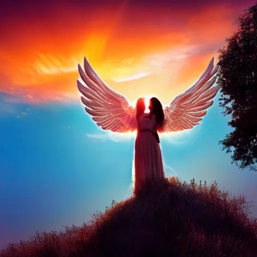 Prompt: beautiful angel with majestic wings flying in the sky during a sunset, cinematic, photo, real