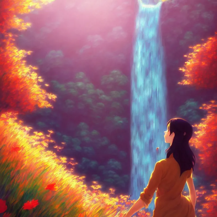 Image similar to an epic makoto shinkai and renoir surreal landscape of a woman's long brown hair and a waterfall, 🌺, golden hour, ultra smooth, lois van baarle, ilya kuvshinov, unreal engine, blender, trending on artstation, suntur, caleb worcester, highly detailed, photorealism, bloom effect 8 k