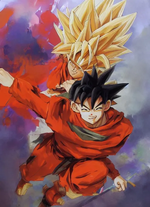 Image similar to semi reallistic gouache gesture painting, by yoshitaka amano, by ruan jia, by Conrad roset, by dofus online artists, detailed anime 3d render of gesture painting of goku KID super Saiyan, young goku blond, Crono, Dragon Quest, crono, goku, portrait, cgsociety, artstation, rococo mechanical, Digital reality, sf5 ink style, dieselpunk atmosphere, gesture drawn