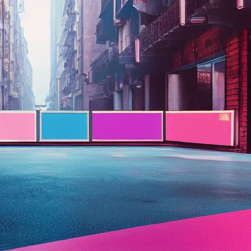 Prompt: retrofuturistic street scene with a row of large polished concrete platforms leading from near to far, focus on pink and blue colours, steam from ground