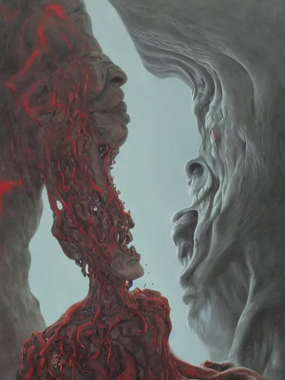 Image similar to wayne barlowe painting of a flying sorrowful looking severed human head with tears running down it's eyes, face that is chalk white in color, with long white tentacles stemming from it's neck, fiery scorching red eyes, background sprawling terrifying hellish cave with lava flowing through it's walls, 4 k