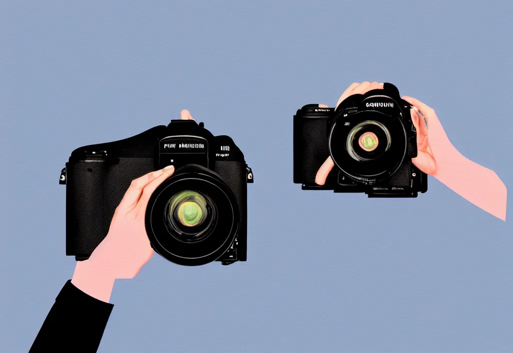 Image similar to first person view of a road coat sleeve arm hand grasping the back side rear angle viewfinder of a dslr camera with mount fuji image in viewfinder, in the style of wes anderson, rene magritte, lola dupre, david hockney, isolated on white background, dark monochrome neon spraypaint accents octane render