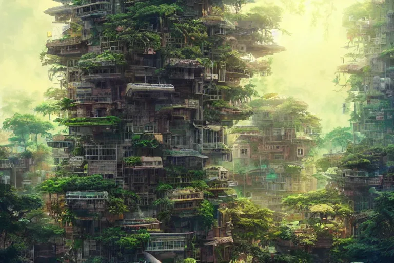 Prompt: solarpunk kowloon walled forest city, still from studio ghibli anime movie, cyberpunk tree house, digital art, artgerm, trending on artstation