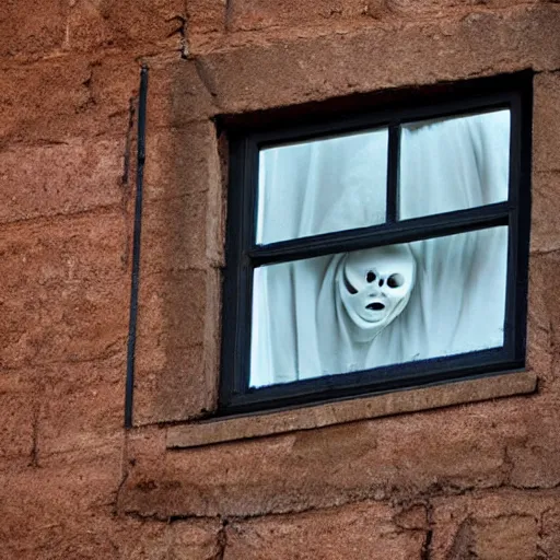 Prompt: Photo of a scary ghost starring through bedroom window