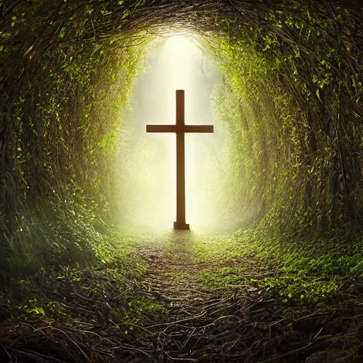 Image similar to a christian cross as the light at the end of the tunnel, with a few vines and overgrowth, concept art by Doug Chiang cinematic, realistic painting, high definition, digital art, symmetrical, very detailed, extremely high detail, photo realistic, concept art, unreal engine 5, bokeh, album cover