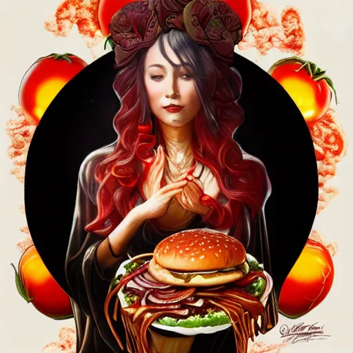 Prompt: detailed full body concept art illustration oil painting of youtuber unboxing hamburgers, extra ketchup, bacon lettuce and tomatos, oriental art nouveau, frock, mid body, radiant halo of light, black gold smoke ink, woman covered in sliced tomatos and onions, peter mohrbacher, artgerm