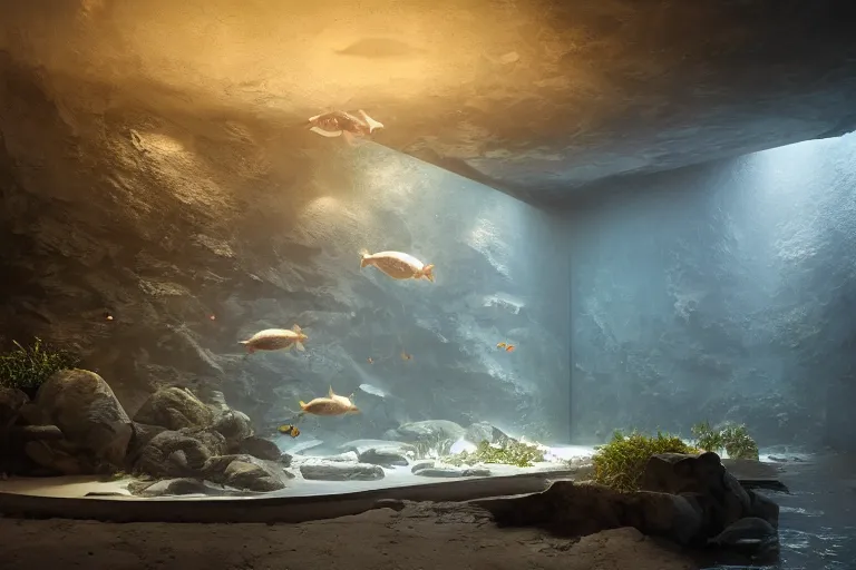 Image similar to a dim light spacious room with freshwater aquariums as walls, hyper realistic, ambient lighting, concept art, intricate, hyper detailed, smooth, dynamic volumetric lighting, octane, raytrace, cinematic, high quality, high resolution, 4 k, cgsociety, rutkowski, gurney