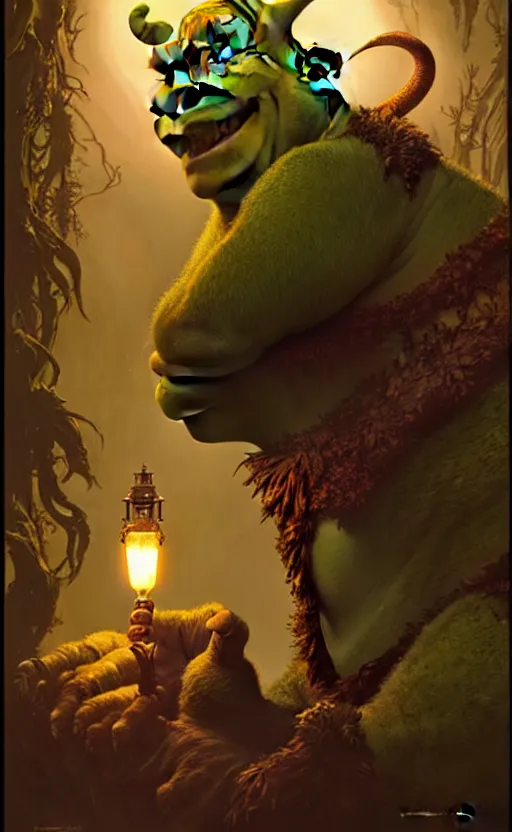 Image similar to shrek dragon gorgeous lighting by weta studio, mucha, bautista and norman rockwell and greg rutkowski and tom bagshaw and james gurney and lucasfilm