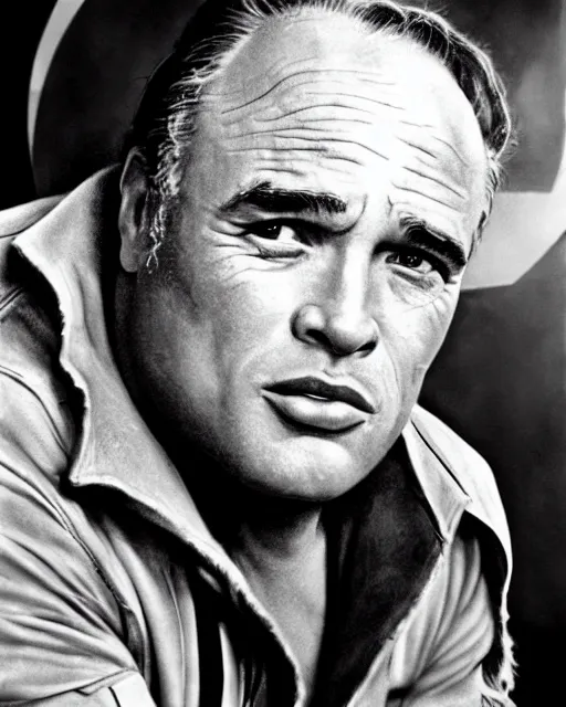 Prompt: marlon brando on a space station hyper realism, high detail, extremely detailed, very sharp, award winning photoin the style of mary ellen mark