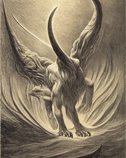 Image similar to a creature with the body and eyes of a man, with the beak of an eagle, the mane of a lion, and the horns of an ox drawn by jean delville