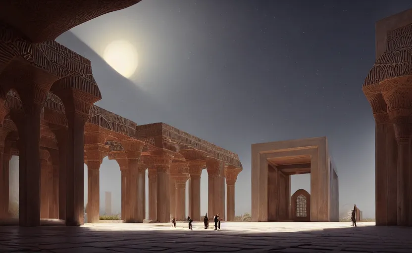 Image similar to exterior shot of utopian ancient persian architecture with cinematic lighting by zaha hadid peter zumthor and renzo piano, darek zabrocki and greg ruthkowski, simon stalenhag, cinematic, holy place, paradise, scifi, futurism, atmospheric, concept art, artstation, trending on artstation