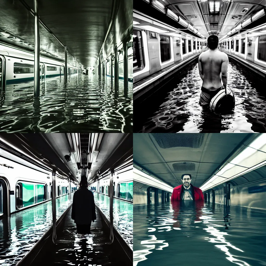 Prompt: Almost completely flooded underground train. Photo from inside the train, in the center of the frame stands one calm man up to his chest in water and looks at the camera. Warm lighting, longon, extremely detailed, 8k, wallpaper