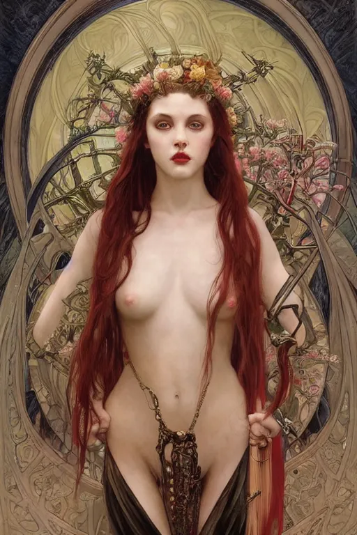 Image similar to masterpiece painting of beautiful vampire girl by donato giancola, darius zawadzki and tom bagshaw, face by artgerm and edmund leighton, alphonse mucha, background by james jean and h. r. giger, 8 k, biomechanical horror, majestic, volumetric lighting, porcelain skin, french nouveau, trending on pixiv