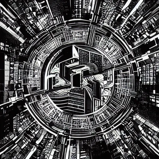 Image similar to a yin - yang daoist symbol superimposed on the futuristic cityscape in a utopian well - organized society, black and white