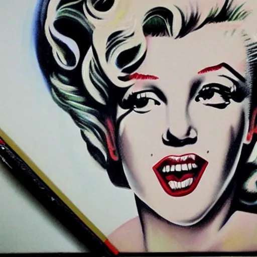 Image similar to beautiful lifelike painting of marilyn monroe on my back, art by ed roth and basil wolverton