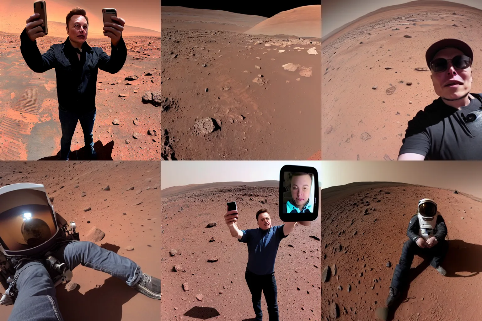 Prompt: Elon Musk taking a selfie on Mars, photography, highly-detailed, award-winning