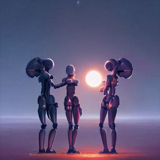 Image similar to digital painting of two humanoid robots hugging each other, the universe is collapsing, cosmic and stars and planets and galaxy, stunning, surreal, cinematic lighting, concept art by greg rutkowski and simon stalenhag