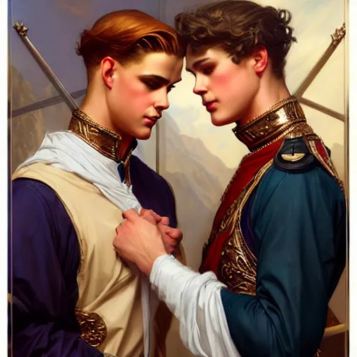 Image similar to attractive fully clothed king confesses his love for his attractive fully clothed male prince. highly detailed painting by j. c. leyendecker, tom bagshaw,