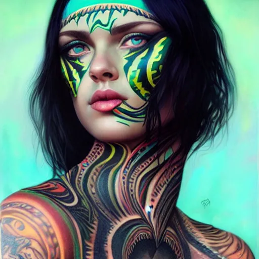 Prompt: ultra realistic portrait painting of a perfect beautiful woman green eyes black hair, neck tribal snake tattoo, painted by Tristan Eaton Stanley Artgerm and Tom Bagshaw