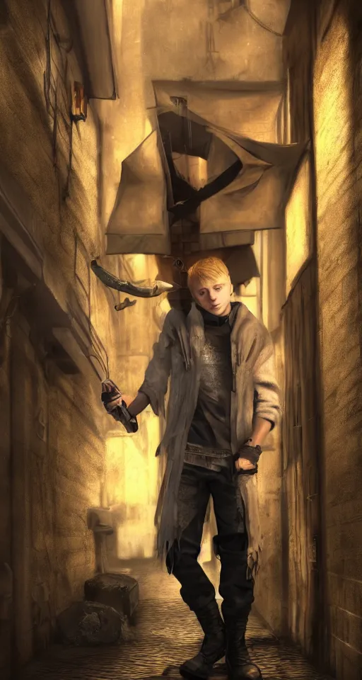 Image similar to A young blonde haired boy wearing thief clothes with daggers in an alleyway, epic fantasy, octane render, high detail, photorealistic, High details,4k