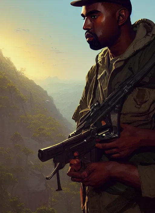 Image similar to highly detailed portrait kanye holding rifle in gta v stephen bliss unreal engine fantasy art by greg rutkowski loish rhads ferdinand knab makoto shinkai lois van baarle ilya kuvshinov rossdraws tom bagshaw global illumination radiant light detailed intricate environment