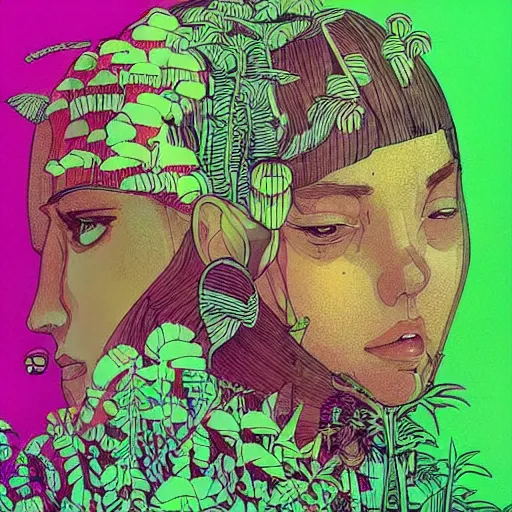 Image similar to gigantic girl faces, tiny robots, a lot of exotic vegetation around, risograph!, colorful flat surreal design, super - detailed, a lot of tiny details, fullshot, by luigi serafini and moebius