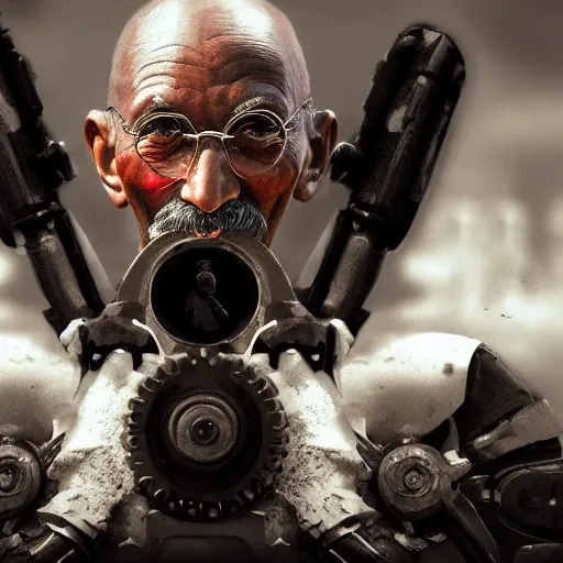 Image similar to Portrait of Mahatma Gandhi in Gears of War, splash art, movie still, cinematic lighting, dramatic, octane render, long lens, shallow depth of field, bokeh, anamorphic lens flare, 8k, hyper detailed, 35mm film grain